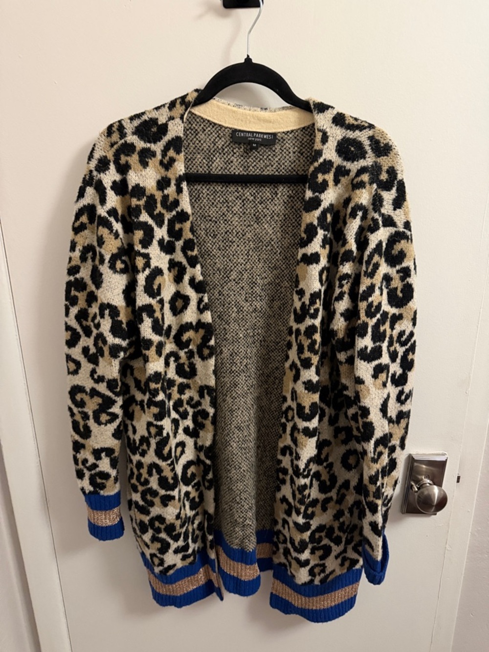 Central Park West Leopard-Print Open Cardigan in Cream, Black and Blue Trim